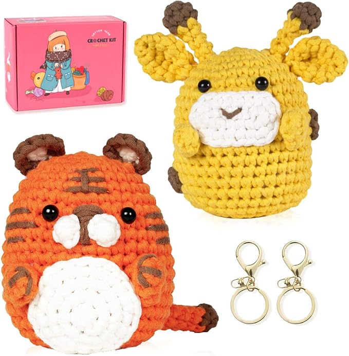 yhwsymgmho Crochet Kit for Beginners:2pcs Animals amigurumi Crochet Starter Kits with Step-by-Step Video Tutorials,Easy Knitting Set for Adults Kids,DIY Crocheting Doll Gift(Tiger & Giraffe)