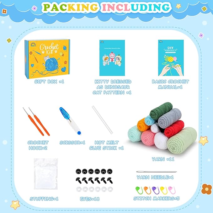 Crochet Kit for Beginners - 3 PCS Dinosaur Cat Crochet Kits with Step-by-Step Video Tutorials, Beginner Crochet Kit for Adults Kid, Crochet Animal Kit for Starters, Cat Dressed as Dinosaur Crochet Set