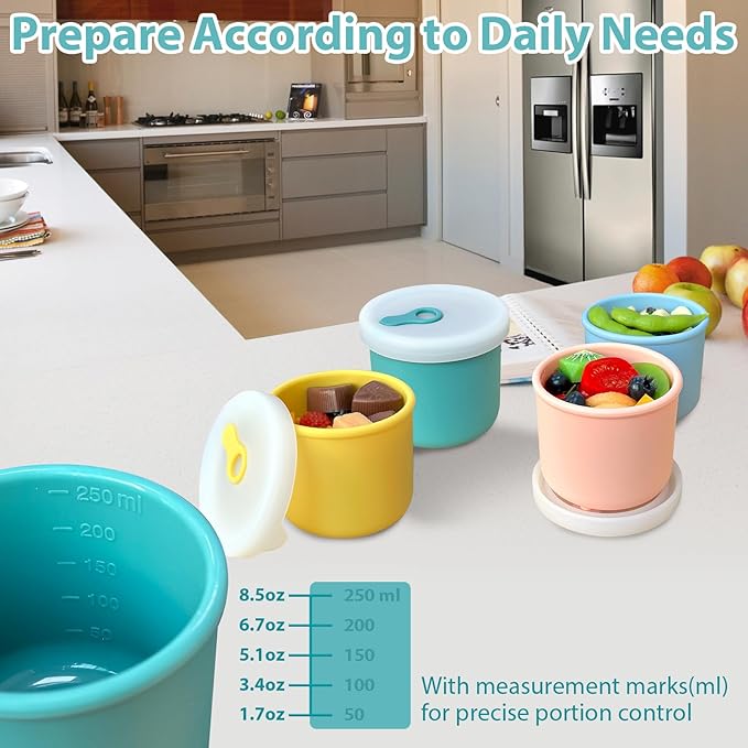 8.5 OZ Silicone Food Storage Containers, Baby Food Storage Jars with Airtight Lids and Snack Cup Lid, Freezer, Microwave and Dishwasher Safe, Reusable Snack Containers for Kids, Infant, Toddler, 4 Pcs