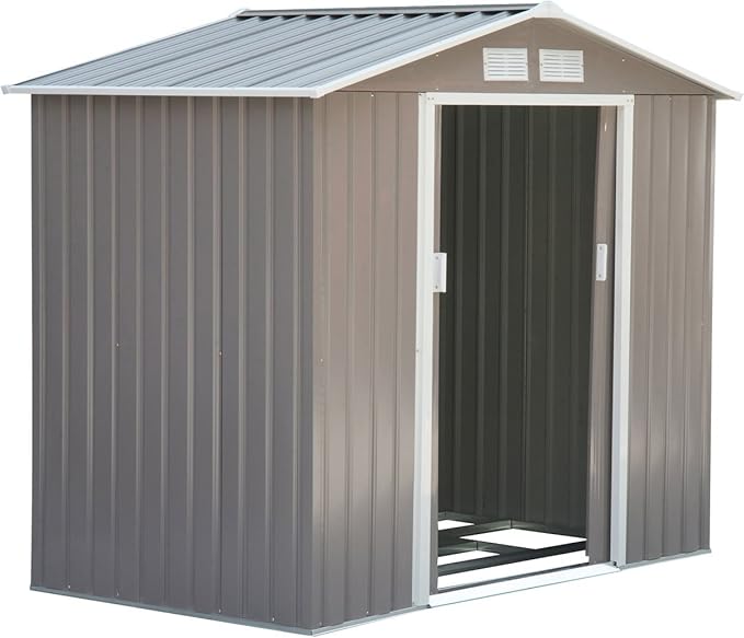 Outsunny 7' x 4' Outdoor Storage Shed, Garden Tool Metal Shed with Foundation Kit, Double Lockable Door, Air Vents and Sloping Roof, for Backyard, Patio, Lawn, Gray