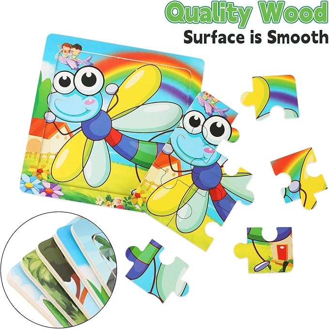 SANNIX 12 Pack Dinosaurs Animals Jigsaw Puzzles with 12 Organize Bags Wooden Dinosaurs Toddlers Puzzles for Kids Ages 3-6 Party Favors Educational Learning Travel Toys for Boys and Girls