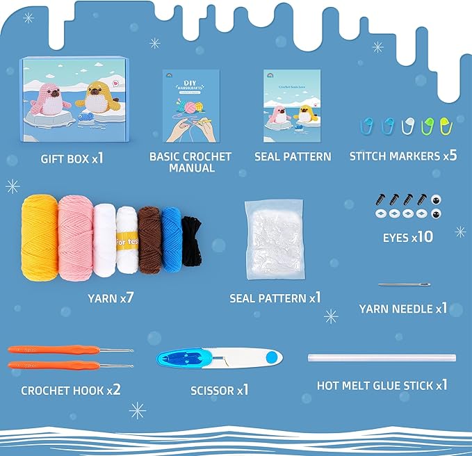 Crochet Kit for Beginners - Seal Crochet Kits with Step-by-Step Video Tutorials, Beginner Crochet Kit for Adults Kids, Crochet Animal Kit, 2 PCS Seals with a Fish Crocheting Set