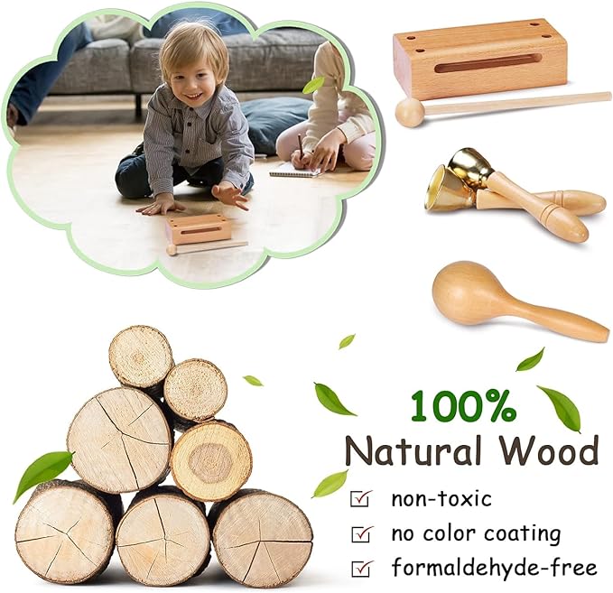 LOOIKOOS Toddler Musical Instruments, Eco Friendly Music Set for Kids Preschool Educational, Natural Wooden Percussion Instruments Musical Toys for Boys and Girls with Storage Bag
