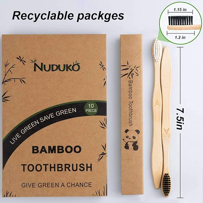 Biodegradable Bamboo Toothbrushes, 10 Piece BPA Free Soft Bristles Toothbrushes, Natural, Eco-Friendly, Green and Compostable