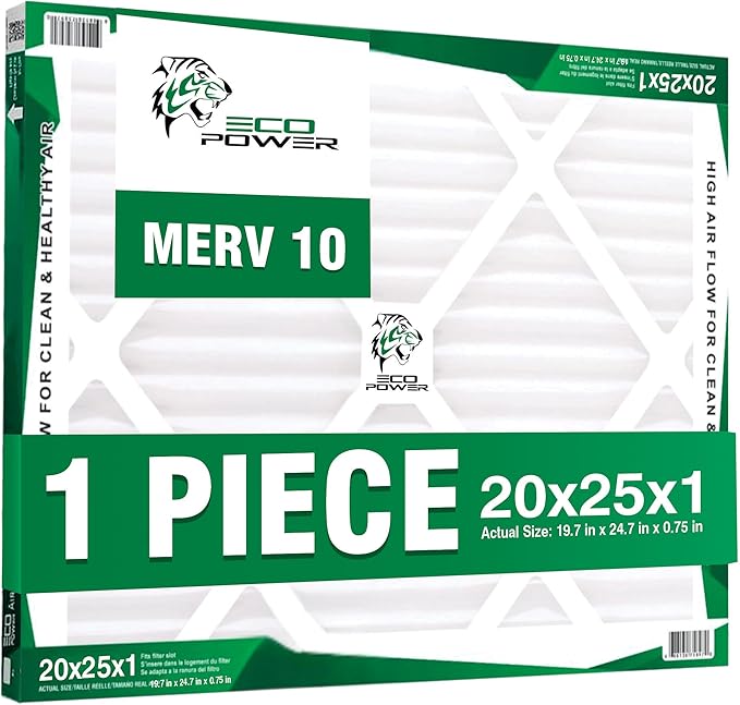 20x25x1, 1Pcs ECO POWER Air Filter MERV 10, Pleated HVAC AC Furnace Air Filters Replacement, Comparable to MPR 1000 & FPR 7 (Actual Size: 19.6 x 24.6 x 0.75 Inches), SB3332