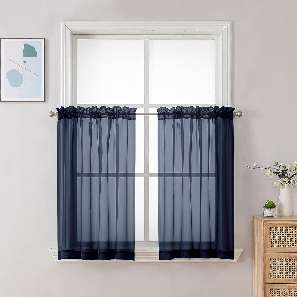 Chyhomenyc Navy Blue Sheer Curtains 30 inch Length 2 Panels, Light Filtering Voile Rod Pocket Short Window Curtians for Bathroom Living Room Farmhouse Small Windows, 42Wx30L inches
