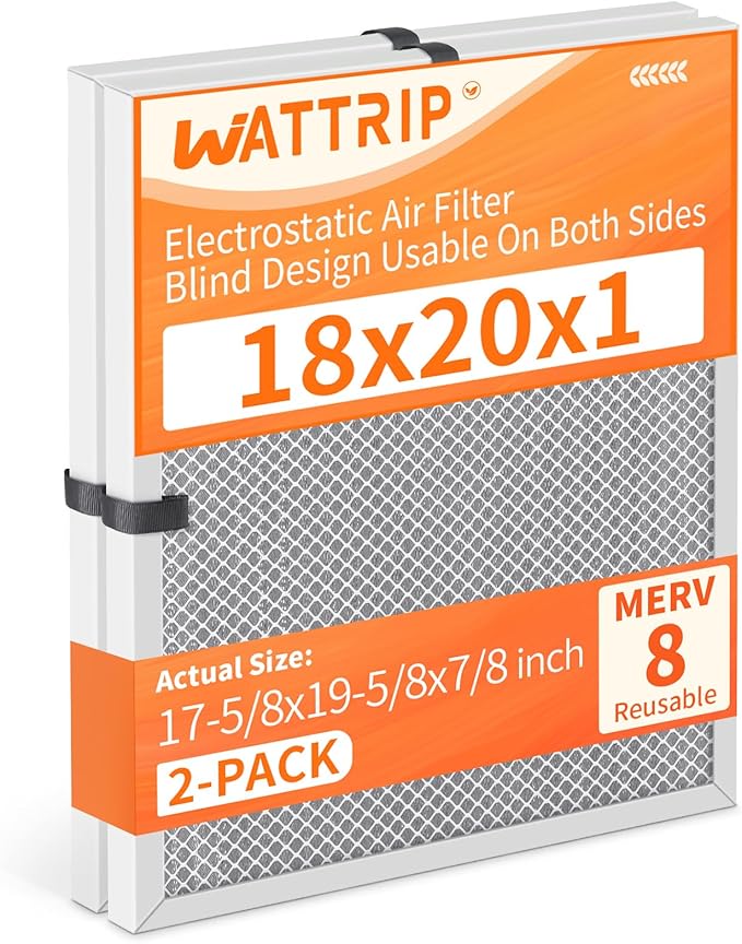 2-Pack 18x20x1 MERV 8 Reusable & Washable Electrostatic Air Filters - Long-Lasting Filter for HVAC, Furnace & Air Conditioner Units, Actual Size: 17-5/8” x 19-5/8” x 7/8”