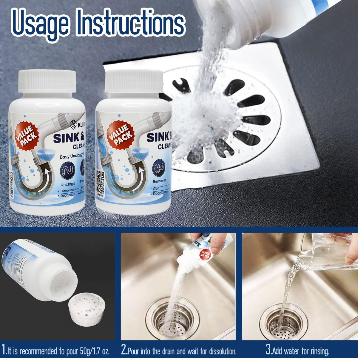 Pipe Dredge, Powerful Foaming Sink & Drain Cleaner Powder for Kitchen, Toilet & Pipeline Cleaning, Fast-Acting Clog Remover (2pcs or 4pcs) (2 bottles)