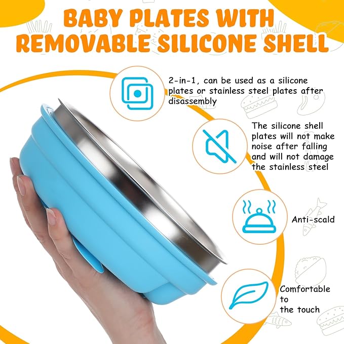 Nuogo 2 Pcs Stainless Steel Baby Suction Plates with Removable Silicone Shell 2-in-1 Metal Toddler Bowl Divided for Picky Eaters Kids Feeding Led Weaning Supplies, Dishwasher Safe (Yellow,Blue)