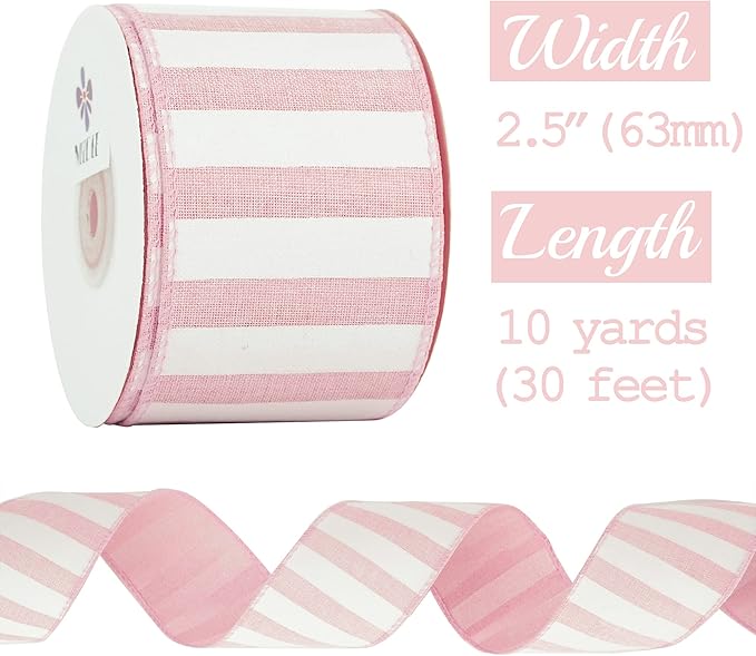 MEEDEE Pink Striped Burlap Ribbon - 2.5 Inch Wired Ribbon for Baby Girl Wreaths & Cakes, 10 Yards