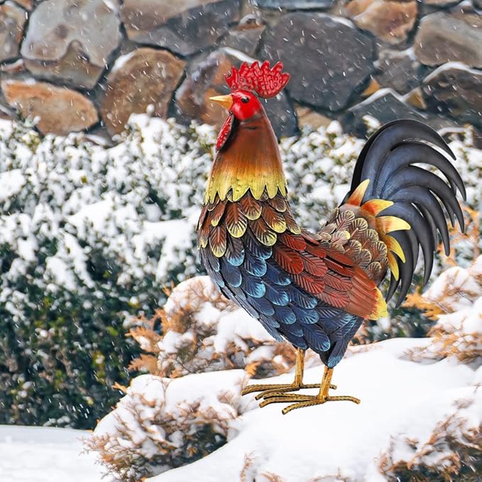 chisheen Rooster Decor Garden Statue Metal Chicken Yard Art Sculpture Outdoor Figurines
