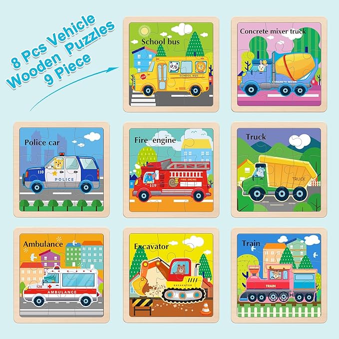 Wooden Puzzles for Toddlers 2-4, 9 Pieces Vehicle Jigsaw Puzzles for Kids Ages 3-5, Toddler Toys for 2-4 Preschool Learning Activities, Learning & Educational Toys, Gifts for Boys, Girls