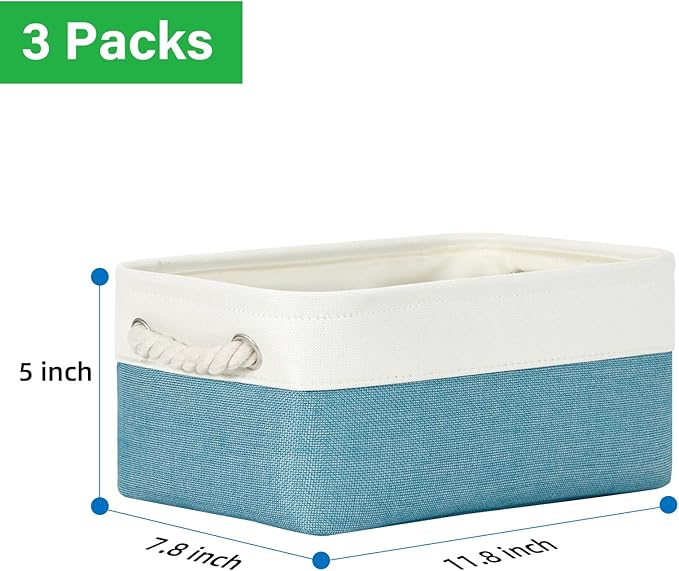 Bidtakay Small Storage Baskets for Shelves 3 Pack Fabric Storage Bins for Organizing Linen Collapsible Organizer for Closet-White&Teal