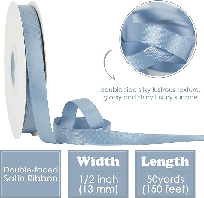 HUIHUANG French Blue Satin Ribbon 1/2 inch X 50 Yards Continuous, Dusty Blue Double-Faced Satin Ribbon for Gift Wrapping, Bows, DIY Crafts, Flower Bouquet, Bridal Wedding Decor, Flower Crowns