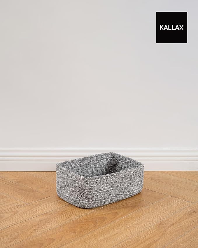 KALLAX Small Woven Basket, 12 x 8 x 4.5 Inches, Storage Basket for Organizing, Cute Small Rope Shelf Closet Cube Storage Bins Baskets for Shelves, Dog Toy Gift Baskets Empty, 3 Packs, Mixed Grey