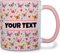Personalized Mug for Kids - Butterflies - Custom Name/Text, Ceramic Hot Chocolate/Cocoa/Coffee Cup for Girls, Birthday/Christmas/Holiday Gift - 11 oz, Pink Handle