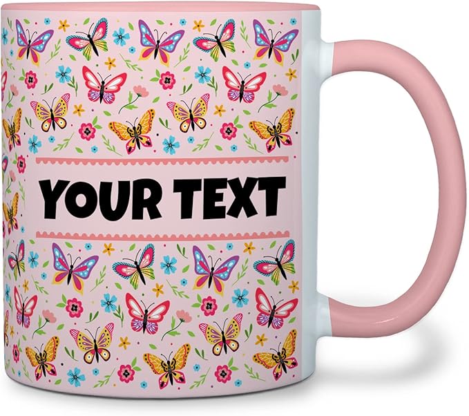 Personalized Mug for Kids - Butterflies - Custom Name/Text, Ceramic Hot Chocolate/Cocoa/Coffee Cup for Girls, Birthday/Christmas/Holiday Gift - 11 oz, Pink Handle