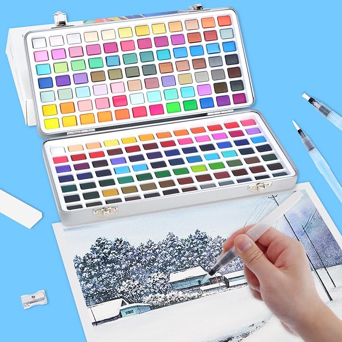 Watercolor Paint Set, 168 Vivid Colors with Regular, Macaron, Metallic & Fluorescent Colors, Travel Watercolor set including Palette, Water Brush Pens, Art Supplies Kit Great for Artists, Beginners
