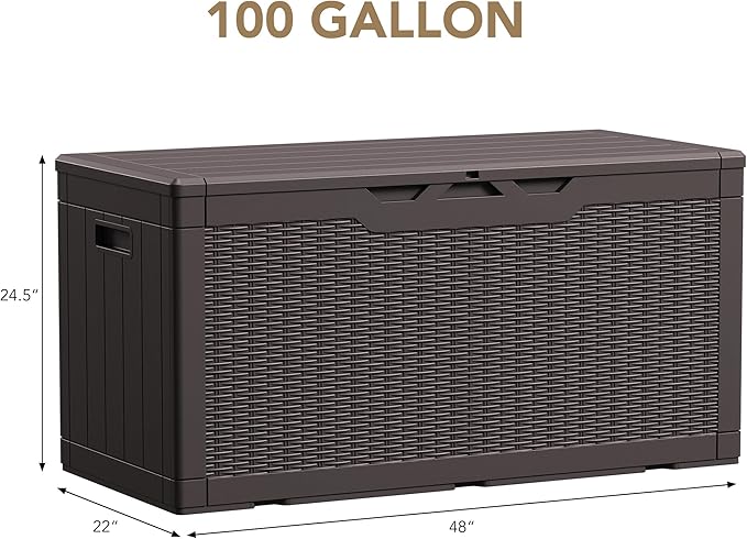 Devoko 100 Gallon Waterproof Large Resin Deck Box Indoor Outdoor Lockable Storage Container for Patio Furniture Cushions Garden Tools (100 Gallon, Dark Brown)