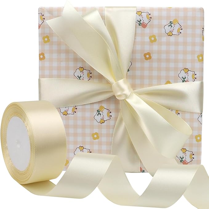 Rice White Solid Satin Ribbon 1-1/2 Inch 25 Yards Solid Polyester Fabric Ribbon for Gift Wrapping Wedding Christmas Baby Shower Birthday Party Decoration Handmade Immortal Flower Craft