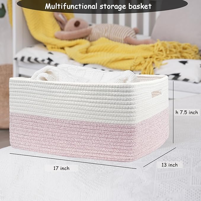 COMFY-HOMI Cotton Rope Woven Basket with Handles for Shelves,Toys,Book, Cloth Storage Baskets for Organizing-17" x 13" x 7.5" Toy Decorative Organizer for Living Room, Bathroom （white/pink）