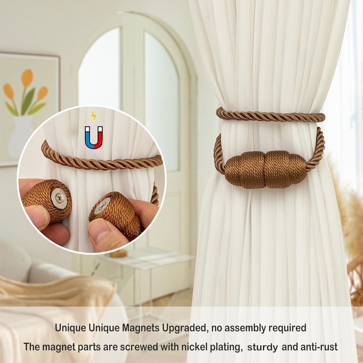 Magnetic Rope Curtain Tiebacks 6 Pack Holders for Drapes and Curtains, Khaki