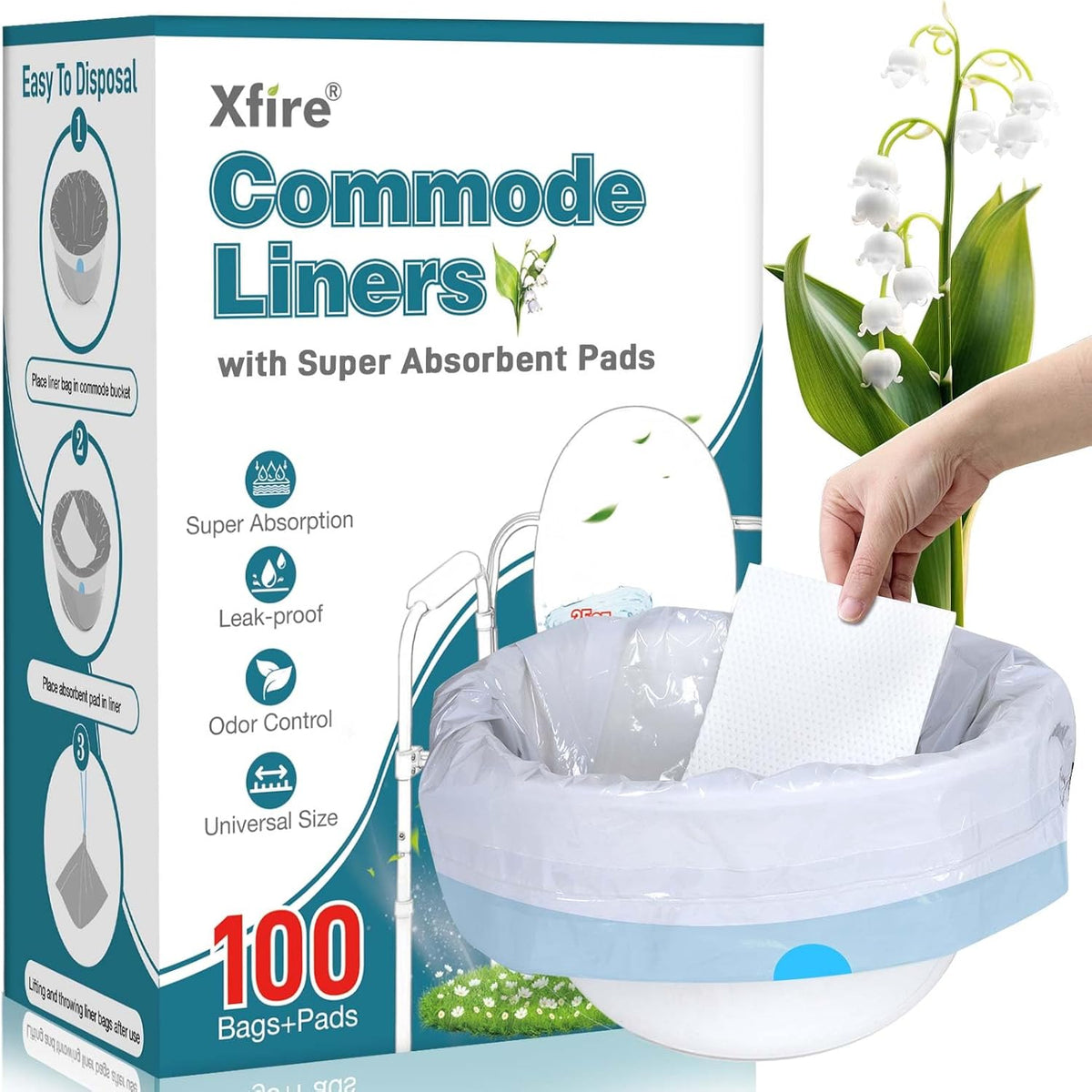 Commode Liners with Absorbent Pads- 100 Commode Bags+ 100 Commode Pads, Extra Thicken Commode Toilet Liners Universal Fit Bedside Commode, Portable Toilet, Chair Bucket, Bedpan