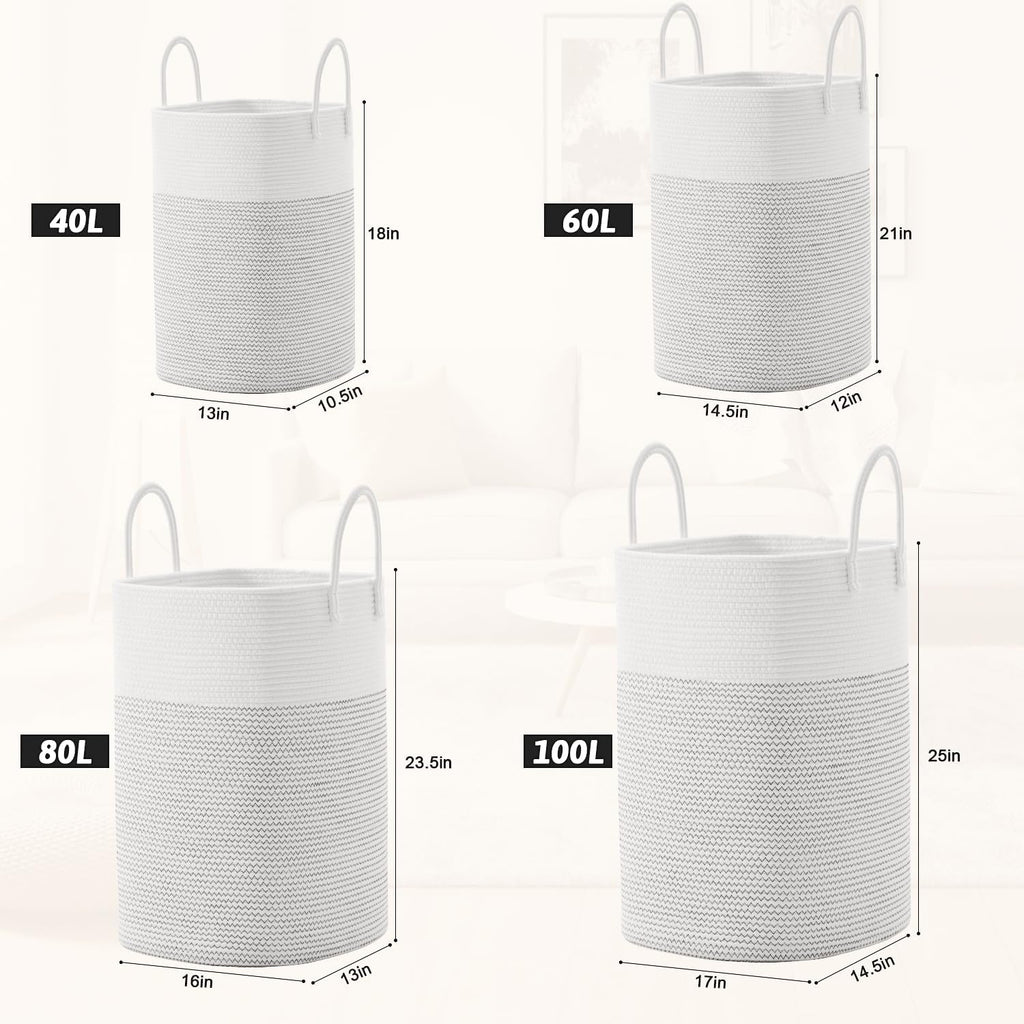 Laundry Basket,Woven Cotton Rope Laundry Hamper,Versatile Storage for Dirty Clothes,Baby Toys,and Blankets in Bathroom, Nursery,and Living Room (White, 80L)