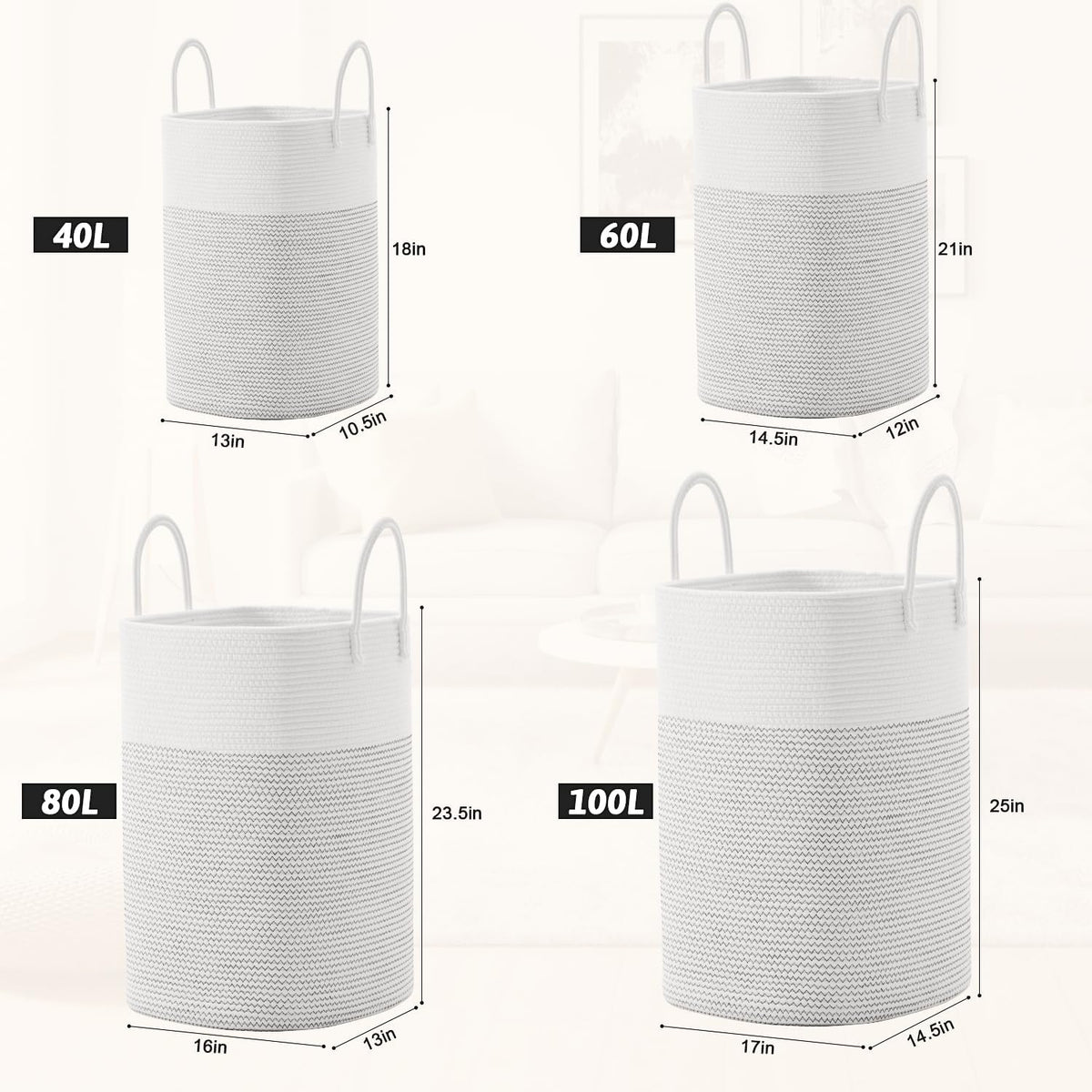 Laundry Basket,Woven Cotton Rope Laundry Hamper,Versatile Storage for Dirty Clothes,Baby Toys,and Blankets in Bathroom, Nursery,and Living Room (White, 80L)
