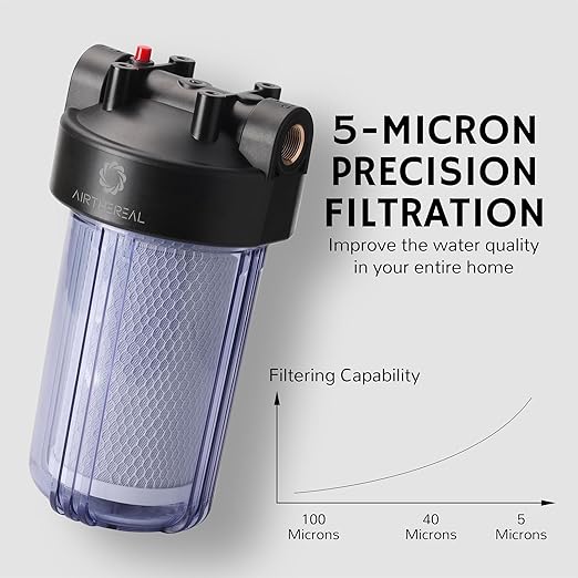 Airthereal Whole House Water Filter Housing, 10" x 4.5" Sediment Carbon Cartridge Universal Housing, Pre-Filtration System for Well and City Water with 1" NPT Port (Clear Housing)