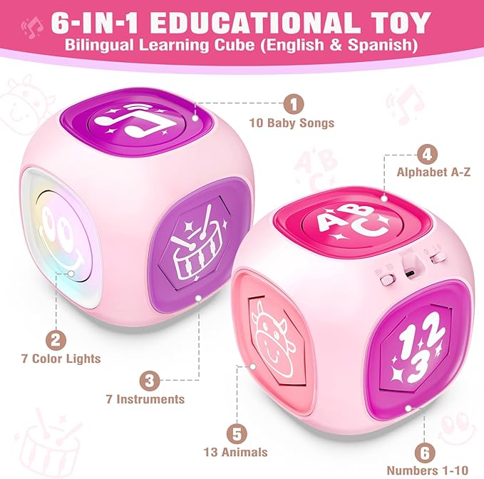 Musical Learning Toys for 1+ Year Old Girl, Bilingual Early Learning Educational Cube with Light & Sound, Baby Girl Toys 12-18 Month, Christmas Birthday Gifts for Toddler Girl 1-2 Year Old