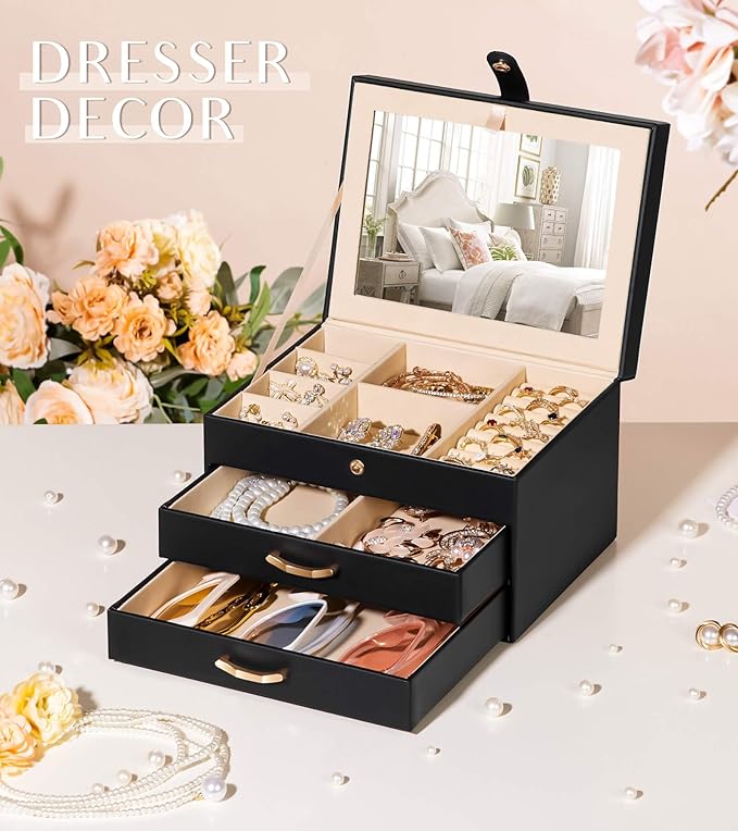 Black Jewelry Box Organizer: Home Decor for Women - 2-Drawer Holder for Valentine’s Day Birthday Christmas Black Grey-Blue