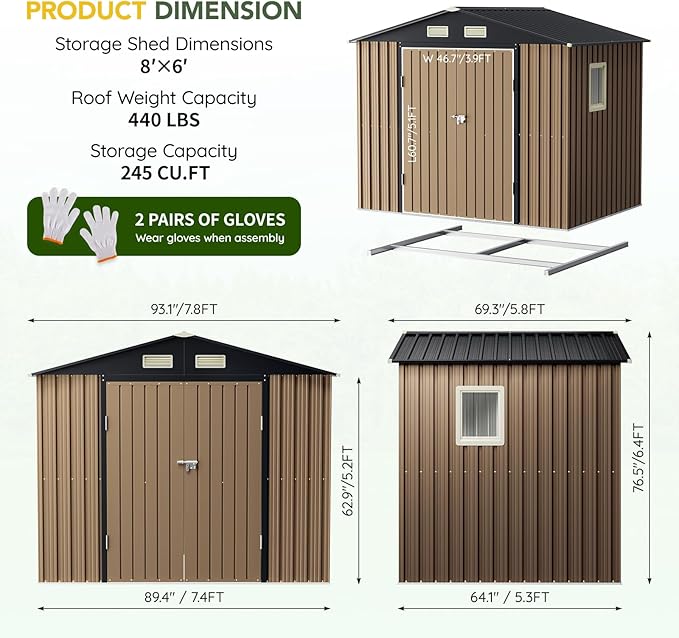 Breezz 8X6FT Outdoor Steel Storage Shed with Frame Floor,Clear Window, Lockable Doors, Weather-Resistant Metal Tool Shed for Garden, Backyard, Patio, and Utility Storage Brown
