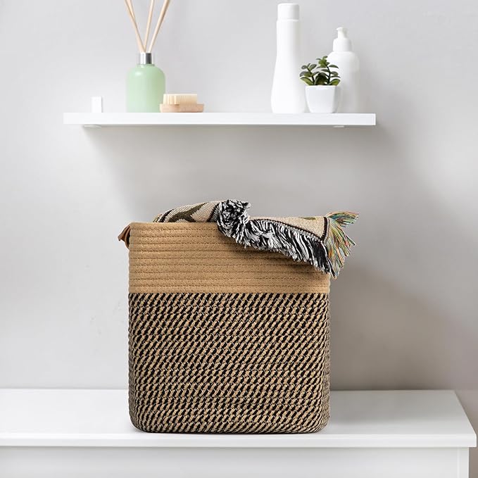 danpinera 3-Pack Cotton Rope Baskets for Storage, 11"x11" Cube Storage Cubes Store Toys, Towel, Snack, Storage Bins with Reinforced Stitching & Practical Handles, Black & Brown