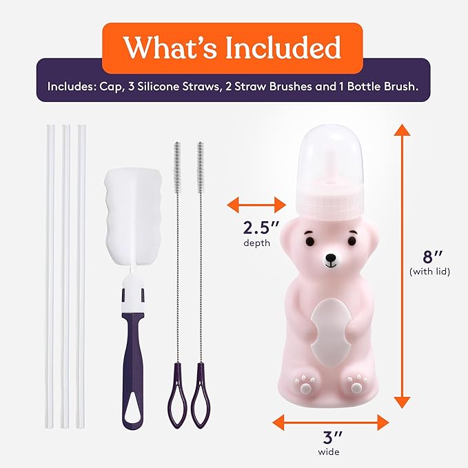 Special Supplies Honey Bear Straw Cup Long Straws, Squeezable Therapy and Special Needs Assistive Drink Container, Spill Proof and Leak Resistant Lid (Pack of 1 Bottle and 3 Straws) (Pink)