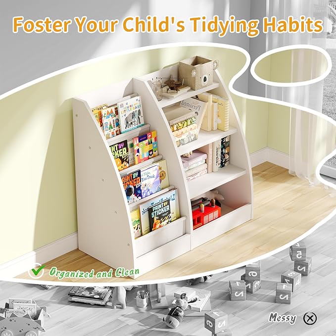 4 Tier Kids Bookshelf, 4 Layer Sling Kids Book Shelf for Kids Rooms,Wood Children Bookcase,Baby Storage Book Rack,Toddler Bookshelf, Book and Toy Organizer,Book Display Shelf for Bedroom, Nursery
