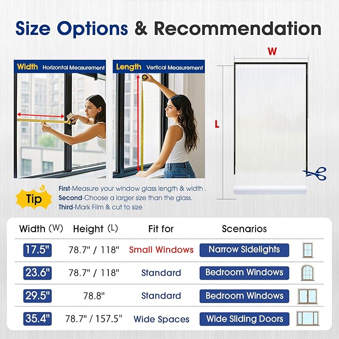 Privacy Window Film Static Cling, Frosted Glass Decorative Window Film with 96% UV Blocking, Non-Adhesive Removable Window Cling for Home Office Bathroom, 23.6 x 118.1 Inches, White