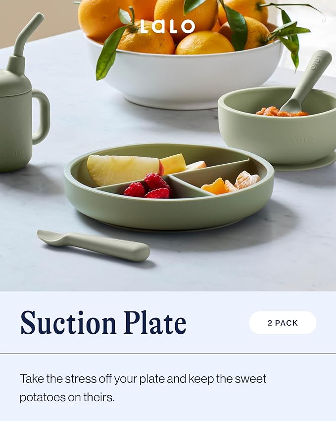 Lalo Suction Plates - 2 Pack, 100% Silicone Non-Toxic BPA-Free Baby Plates with Suction Base To Prevent Accidental Tip-Overs - Suction Plates for Toddlers With Three Divided Sections - Sage