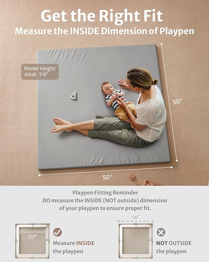Blissful Diary Vegan Leather Baby Play Mat, 50x50 Thicken Foam Cushioned & Waterproof Playpen Mat for Infants and Toddlers, Stylish and Just Wipe-Clean Playmat for Baby Play on Floor, Light Gray