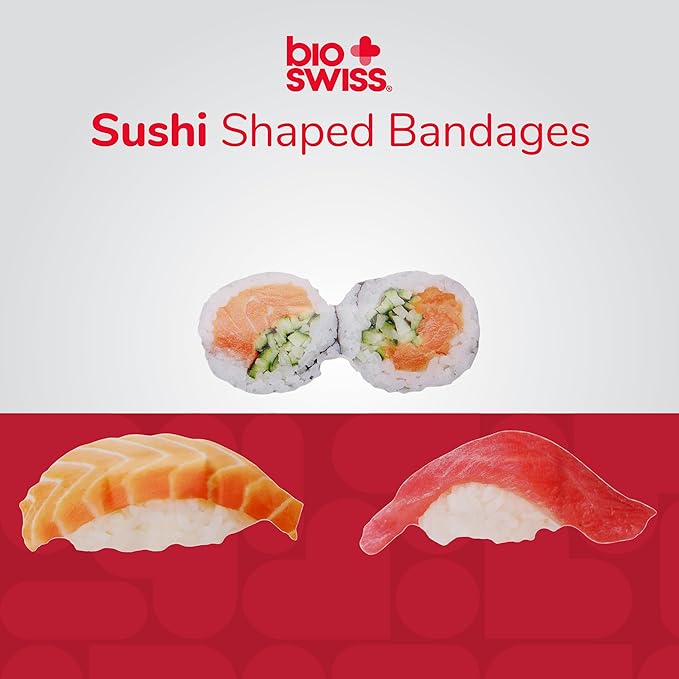 BioSwiss Bandages, Sushi Shaped Self Adhesive Bandage, Latex Free Sterile Wound Care, Fun First Aid Kit Supplies for Kids and Adults, 24 Count