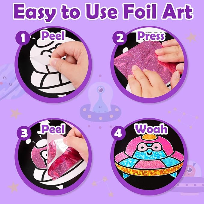 FUNNYB&G Foil Art Craft Activity for Kids - Gift for Boys Crafts for Kids Fun Art Supplies DIY Creative Travel Toy, Birthday Gift Party Favor Toys for Girls Boys 4 5 6 7 8 9 Years Old (Space)