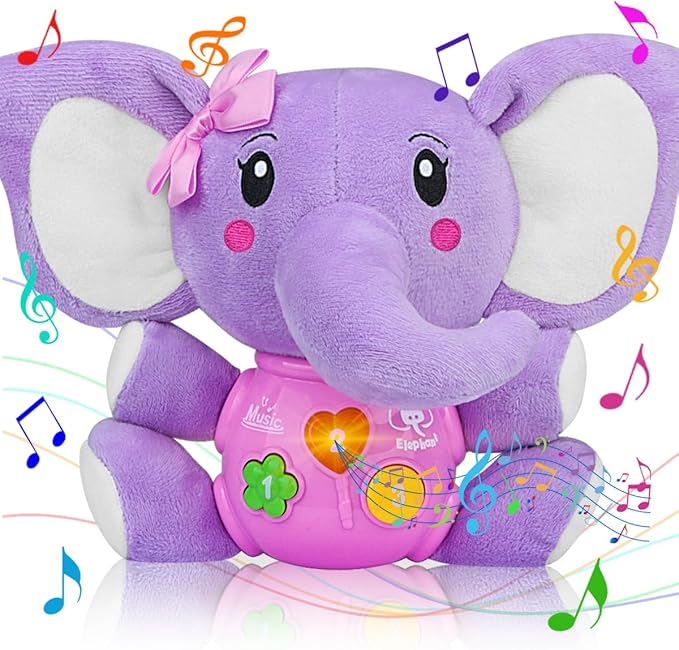 Aitbay Plush Elephant Music Baby Toys 0 3 6 9 12 Months, Cute Stuffed Aminal Light Up Baby Toys Newborn Baby Musical Toys for Infant Babies Boys & Girls Toddlers 0 to 36 Months (Purple)