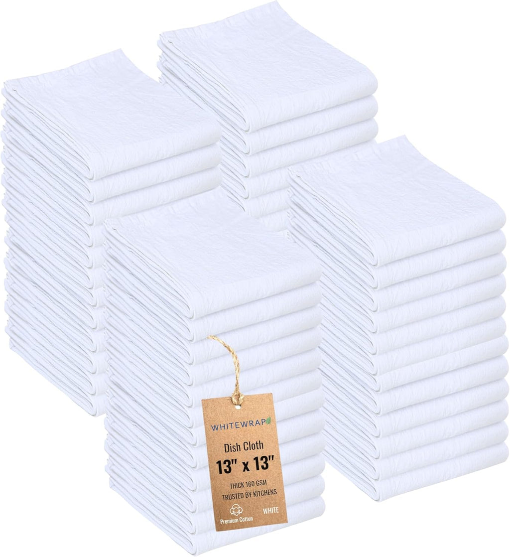 Dish Cloths Cotton| Kitchen Wash Cloth| Shop Towels Absorbent and Lint Free Flour Sack| Dishcloths for Kitchen Washing Dishes|Thick Absorbent Quick Dry Dish Rags | 50 Pack 13"x13" White