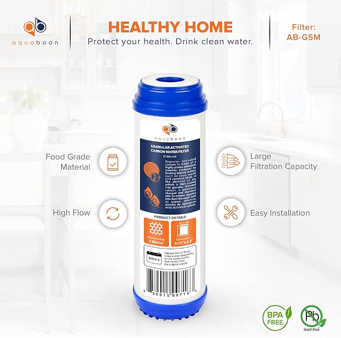 Aquaboon 5 Micron 10 x 2.5 Granular Activated Carbon Water Filter Cartridge GAC Water Filter Replacement Compatible with AP117, GAC-10, GAC1, 6 Pack