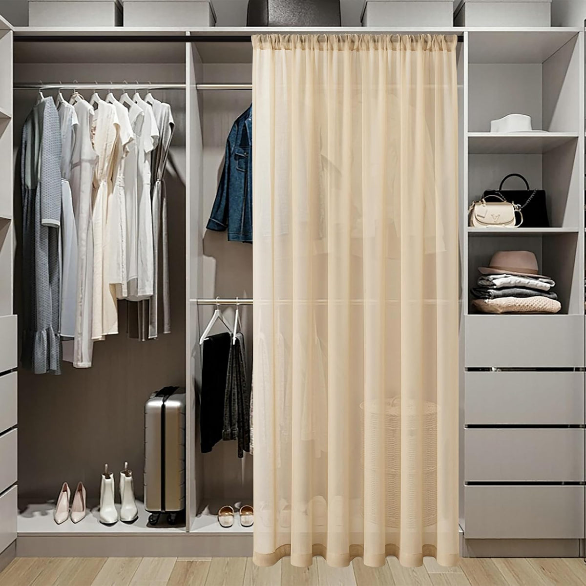 Tollpiz Sheer Door Curtains Closet Linen Textured Curtain Sheers Doorway Light Filtering Voile French Door Rod Pocket Curtains Patio Glass Door, 54 x 63 inches Long, Beige, Set of 1 Panel