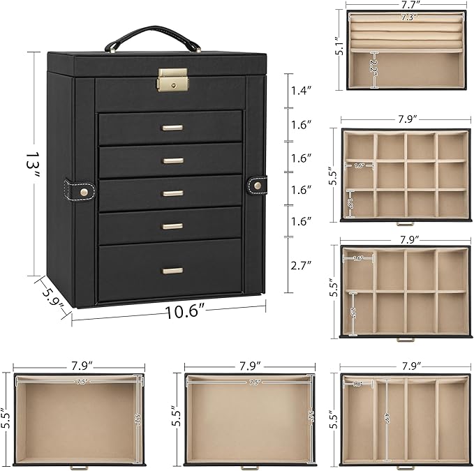 AKOZLIN Large 6-Tier Jewelry Box Lockable Leather Jewelry Storage Case with 5 Drawers for Women Girls Ring Necklace Earring Bracelet Holder Organizer with Mirror