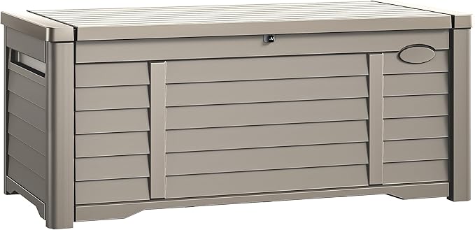 DWVO Large Deck Box 120 Gallon Waterproof Outdoor Storage Box, Extra Large Storage Bin, Resin Louvered Patio Storage for Pillows, Garden Tools & Pool Supplies, Lockable, Light Brown
