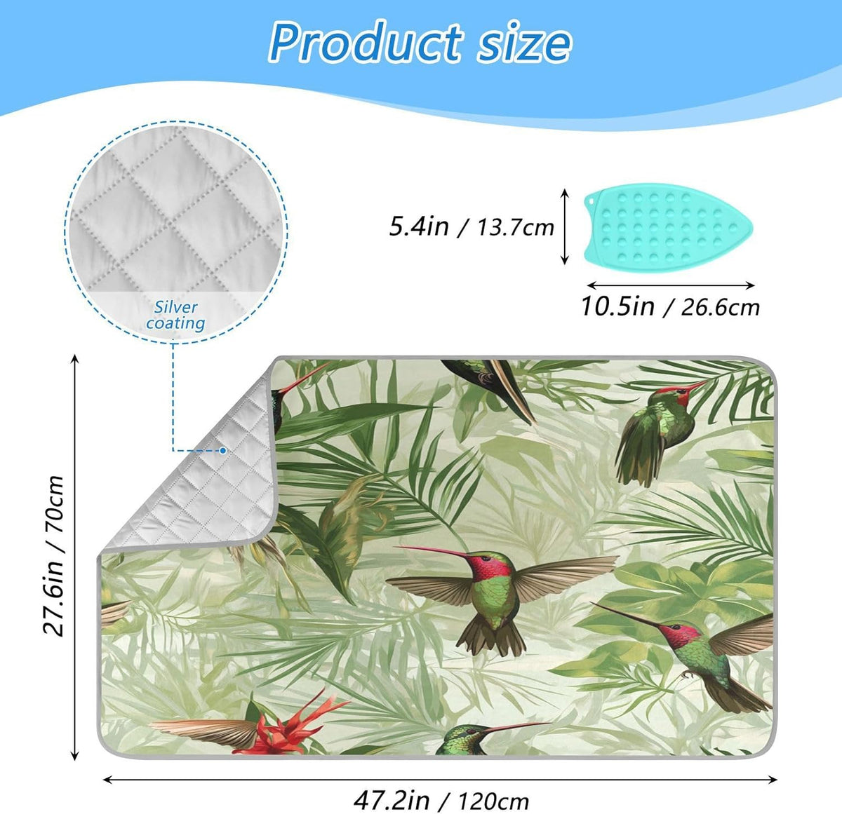 Green Anna Hummingbird and Palm Leaves Ironing Mat Thickened Ironing Blanket Travel Portable Double-Side Using Ironing Pad Travel Isolate Heat Pad Cover for Washer Dryer Table Top Countertop 27