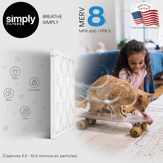 Simply 8x24x1 Air Filter, Merv 8, 6 Pack, For Home AC Furnace & HVAC (Actual Size: 7.75"x23.75"x0.75") DUST, Pet, & Allergy Control