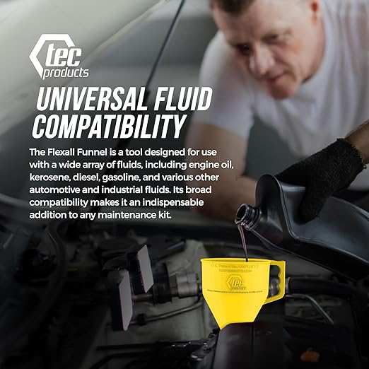 TEC Products FlexAll Long Flexible Funnels - Automotive Oil Funnel with Hose, Durable Nitrile Rubber for Oil Change, Transmission Funnel Fluid, Diesel, Fuel, Gas - Made in USA - Yellow (16 x 5 Inches)